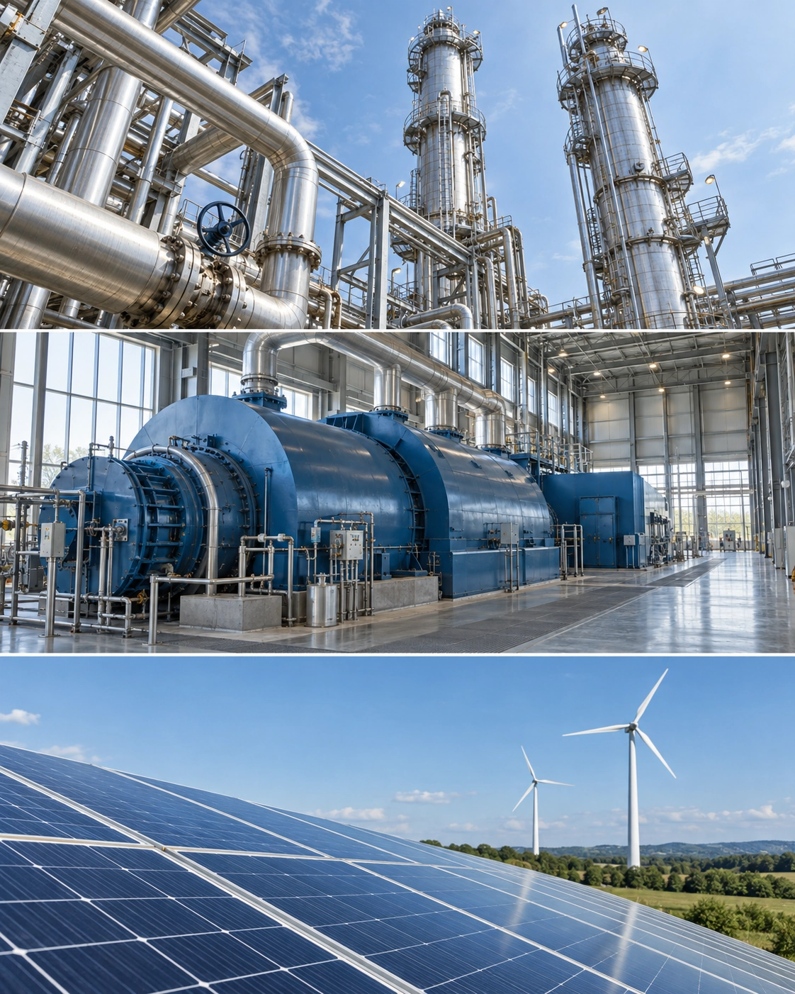 Tres fotografías ilustrativas: equipos de refinería, turbina-generador, paneles solares y aerogeneradores