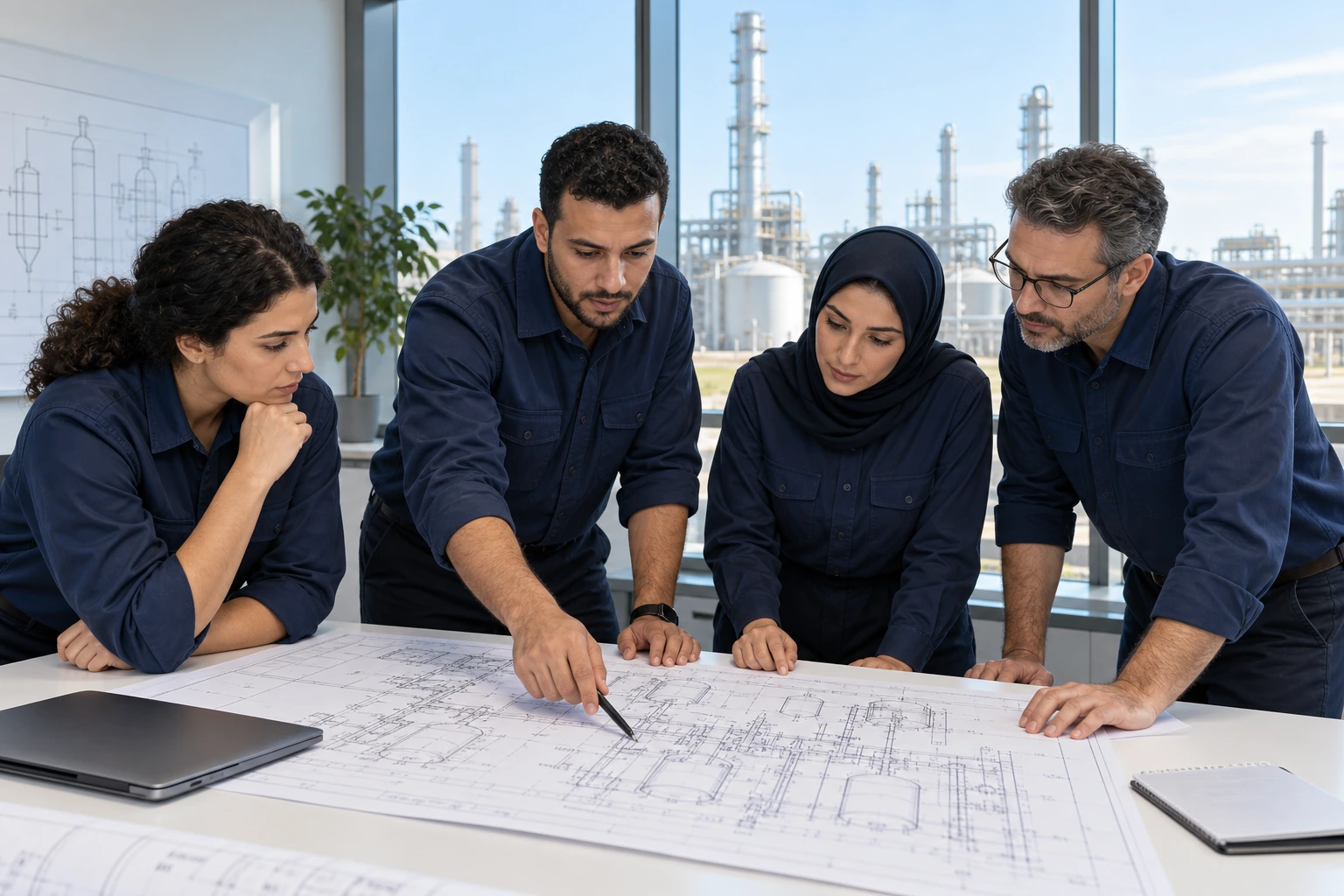 Illustrative engineering team reviewing a plant drawing during a collaborative learning session